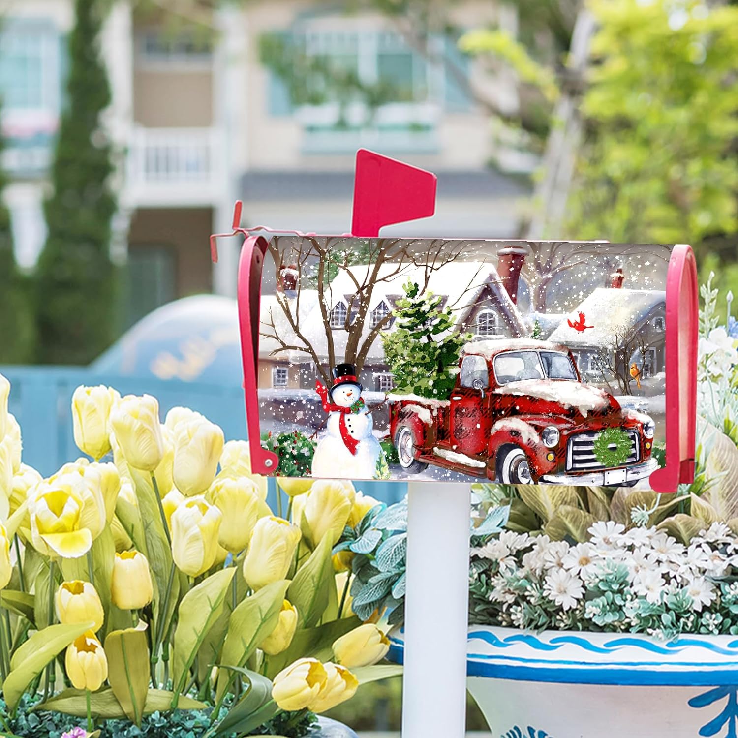 Red Buffalo Plaid Snowman Xmas Mailbox Covers - Winter Post Box Cover with Magnetic Closure - Waterproof & Standard Size 21x18 inch for Garden Yard Home Decor